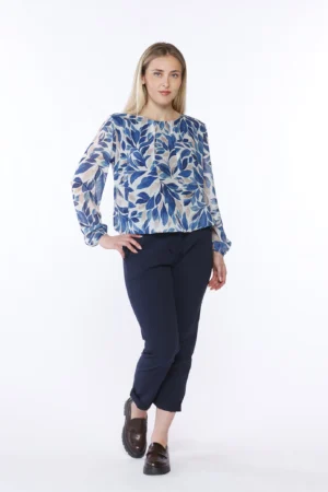 BLUSA a fantasia di foliage con scollo a giro e orli a sbuffo ONEWORLD HYBRID