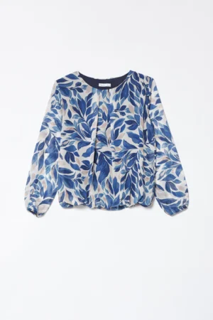 BLUSA a fantasia di foliage con scollo a giro e orli  a sbuffo