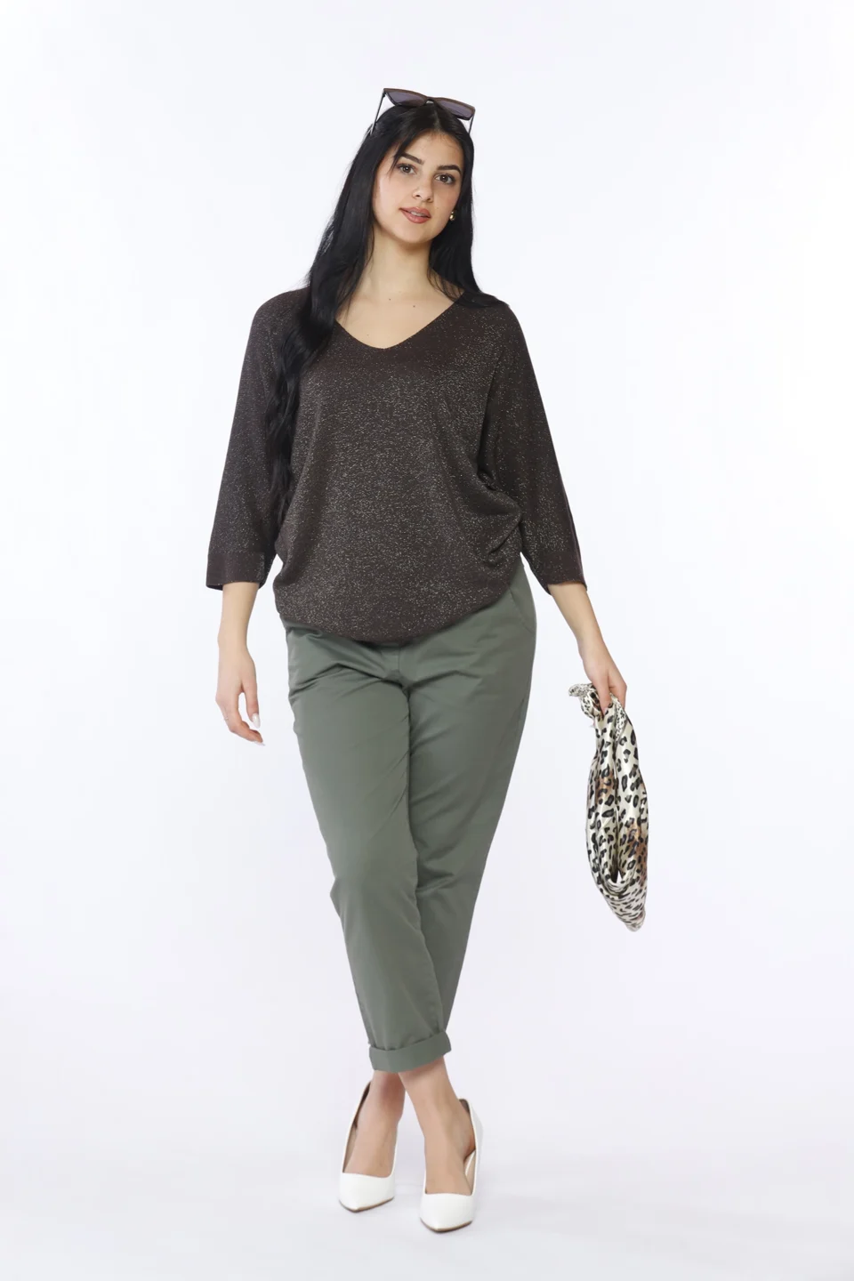 MAGLIA laminata con ampio scollo a V e manica a tre quarti ONEWORLD HYBRID
