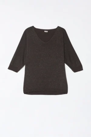 MAGLIA laminata con ampio scollo a V e manica a tre quarti