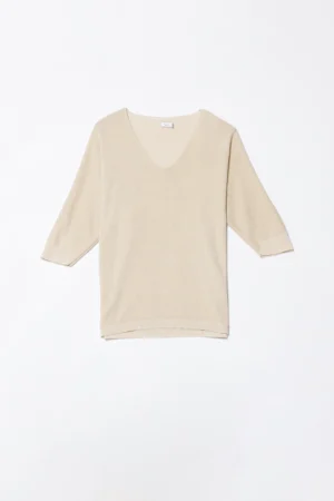 MAGLIA laminata con ampio scollo a V e manica a tre quarti