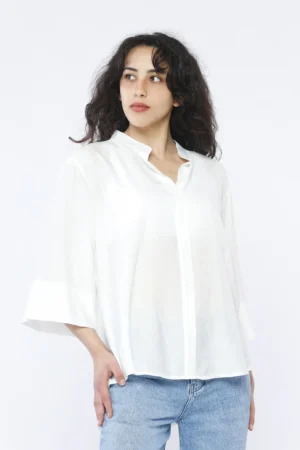 BLUSA casual a trama striata con manica a tre quarti e colletto alla coreana aperto a V