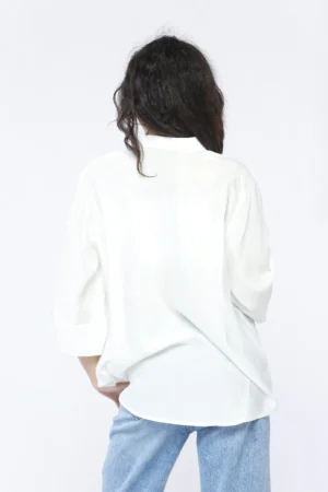 BLUSA casual a trama striata con manica a tre quarti e colletto alla coreana aperto a V