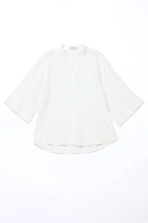 BLUSA casual a trama striata con manica a tre quarti e colletto alla coreana aperto a V