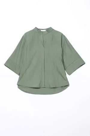 BLUSA casual a trama striata con manica a tre quarti e colletto alla coreana aperto a V