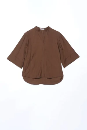 BLUSA casual a trama striata con manica a tre quarti e colletto alla coreana aperto a V