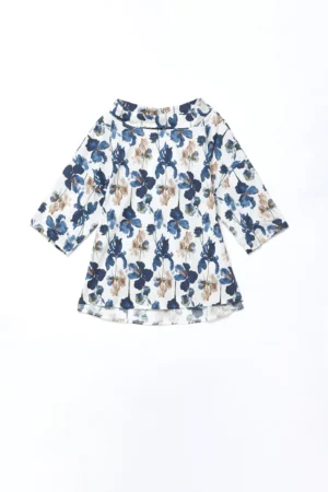 BLUSA ampia a stampa fiori con  manica a tre quarti e scollo a barca risvoltato