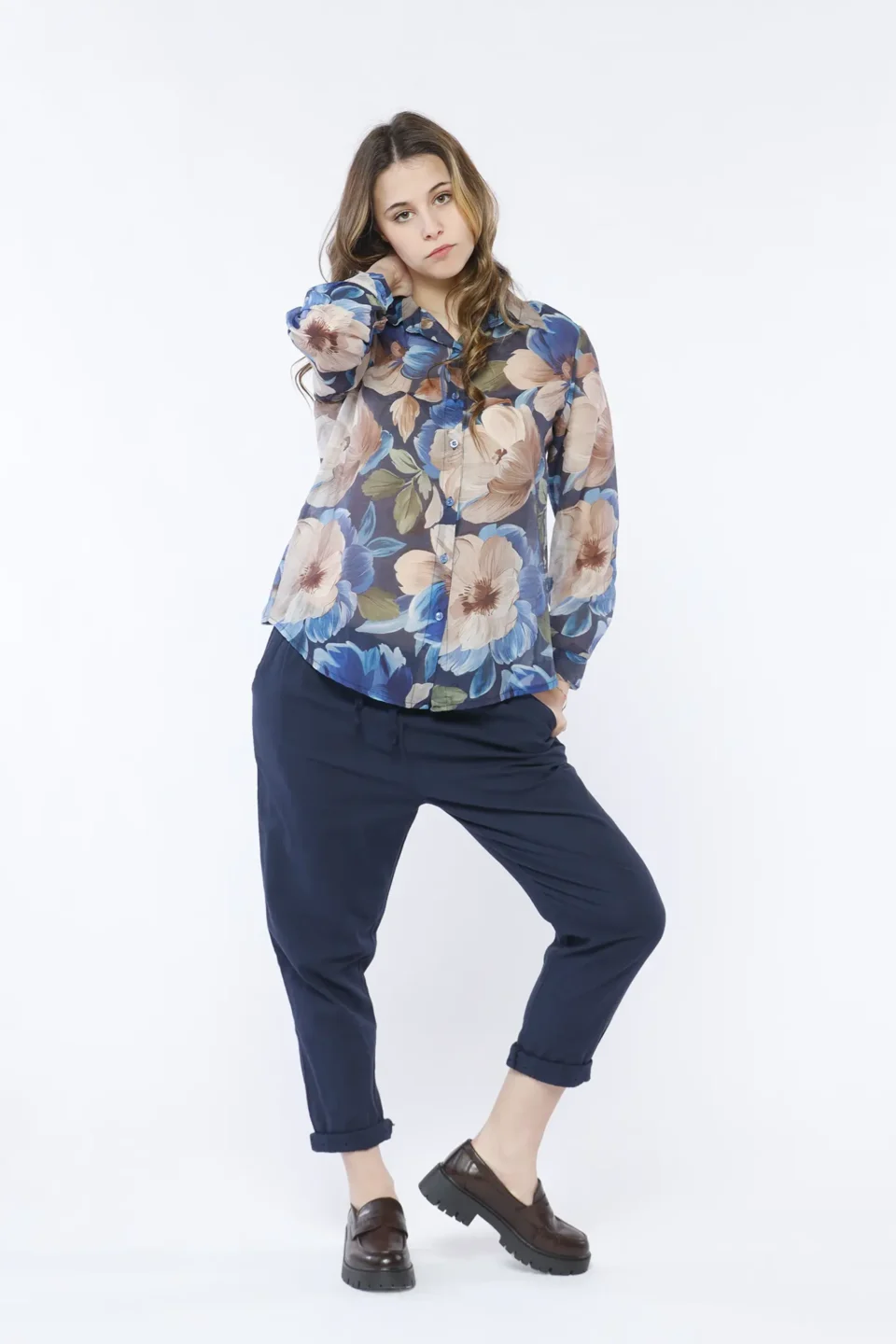 CAMICIA a fantasia di fiori con fondo ampio e colletto alla francese ONEWORLD HYBRID
