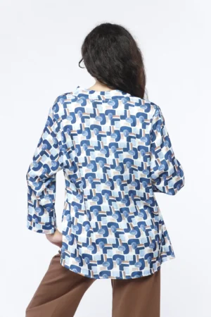 BLUSA a fantasia geometrica con maniche a kimono e colletto alla coreana aperto a V