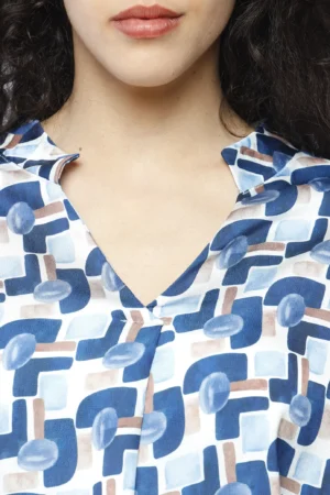 BLUSA a fantasia geometrica con maniche a kimono e colletto alla coreana aperto a V