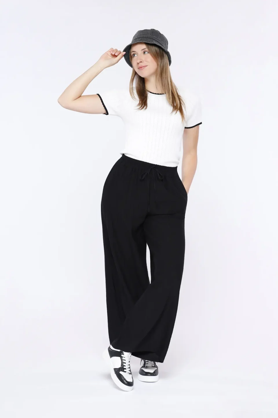 PANTALONE palazzo con tasche e cinturino elasticizzato con fiocchetto  ONEWORLD HYBRID
