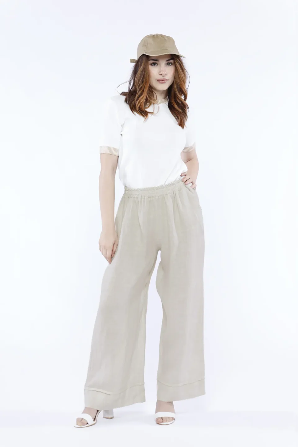 PANTALONE wide leg in fresco lino con elastico di chiusura e orli alti alle caviglie ONEWORLD HYBRID