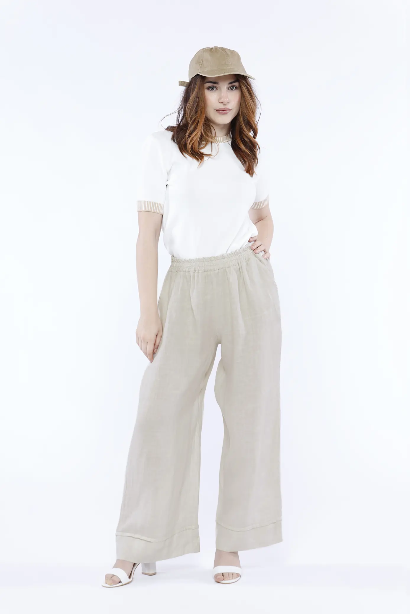 PANTALONE wide leg in fresco lino con elastico di chiusura e orli alti alle caviglie ONEWORLD HYBRID