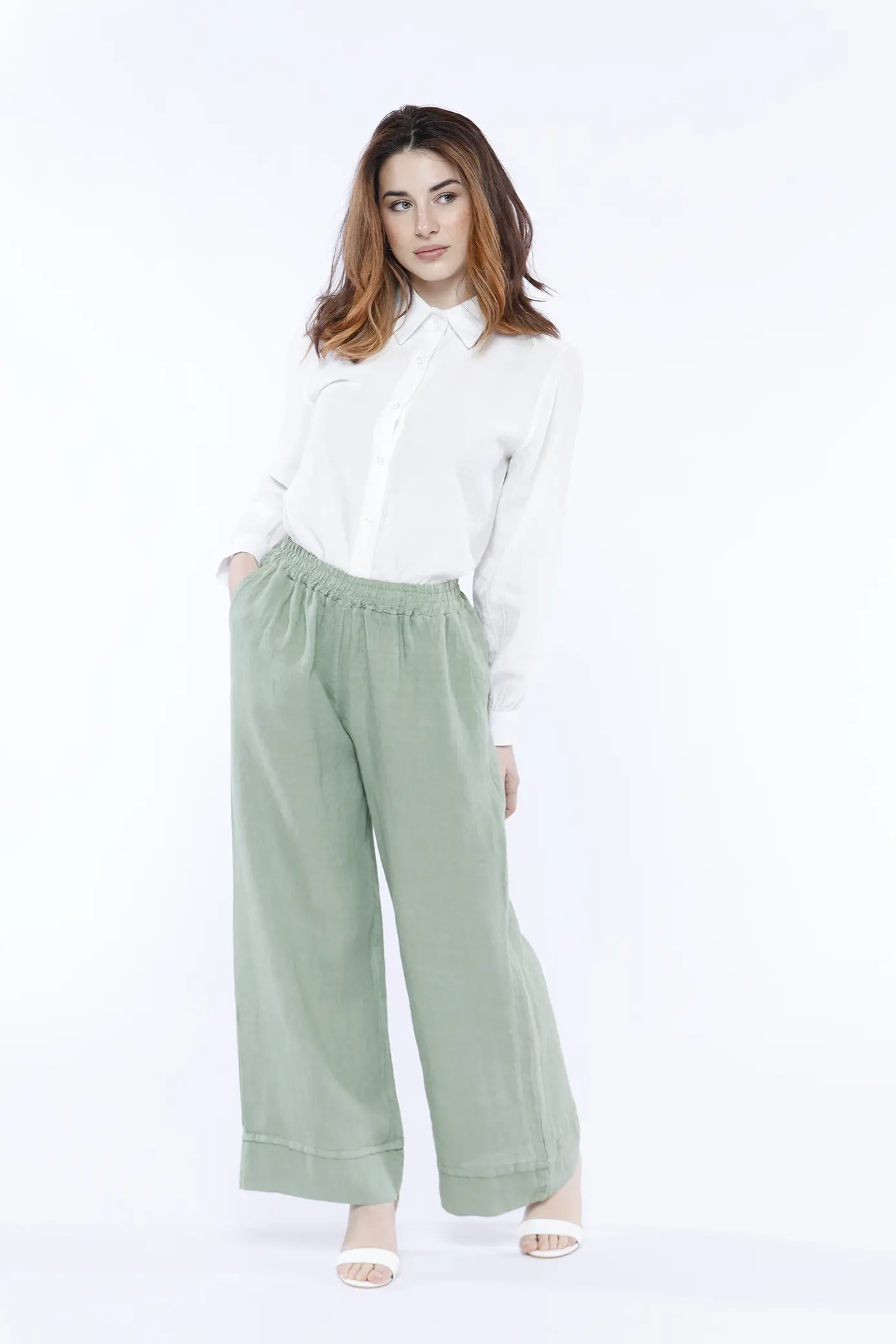 PANTALONE wide leg in fresco lino con elastico di chiusura e orli alti alle caviglie ONEWORLD HYBRID