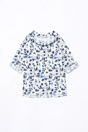 BLUSA a manica corta con stampa fiori di campo e scollo a barca risvoltato