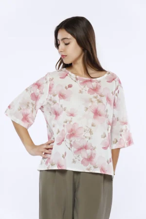 BLUSA elegante e versatile a stampa fiori rosa con scollo a barchetta