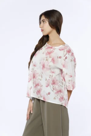 BLUSA elegante e versatile a stampa fiori rosa con scollo a barchetta