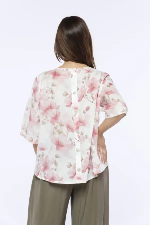 BLUSA elegante e versatile a stampa fiori rosa con scollo a barchetta