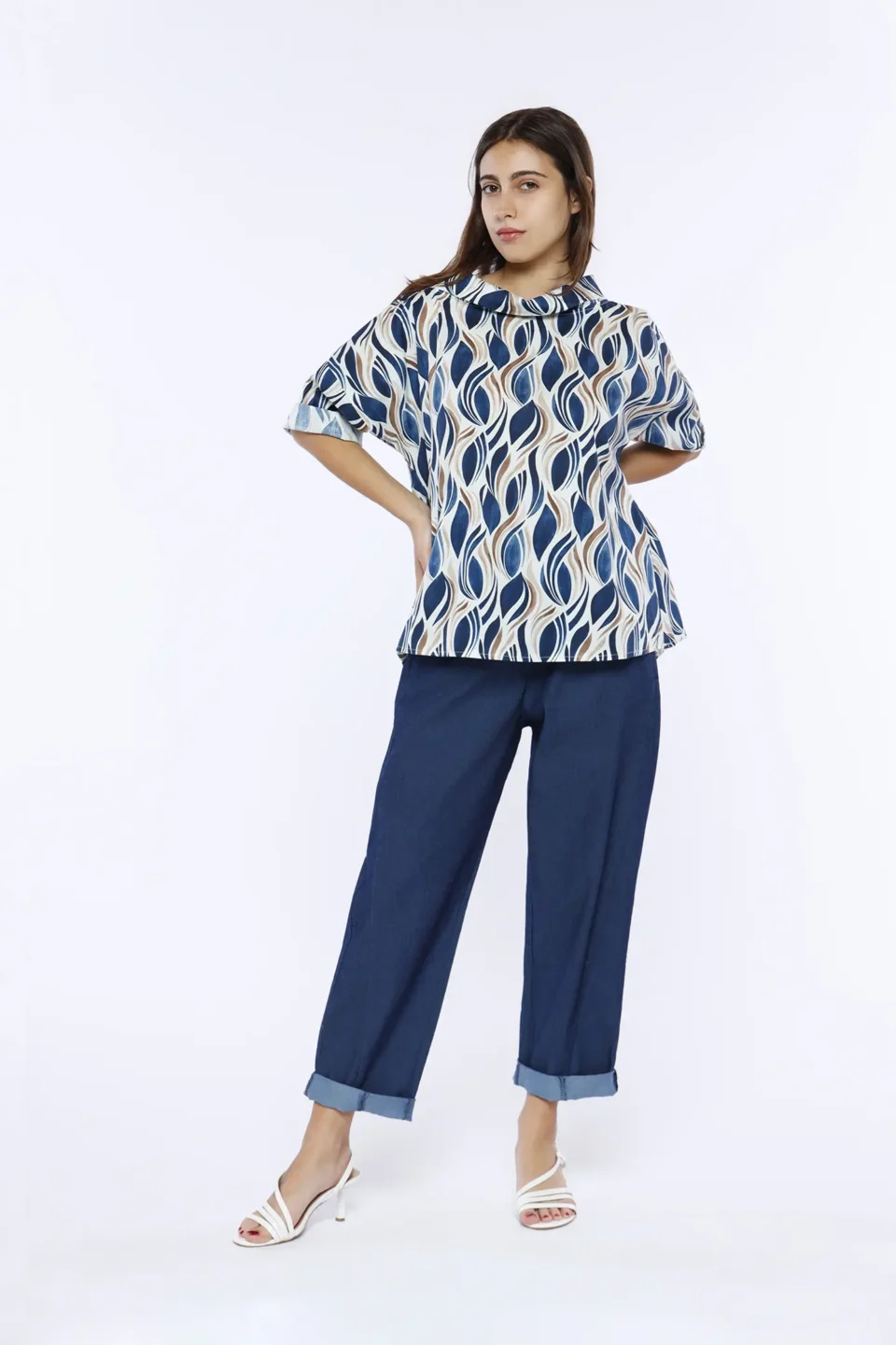 BLUSA ampia stampa all over con fresca manica a tre quarti e scollo a barca risvoltato ONEWORLD HYBRID