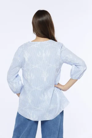 BLUSA fresca con dettagli sangallo scollo a V impreziosito e manica a sbuffo