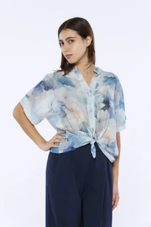 CAMICIA ampia e fresca astampa fiori con elegante colletto alla coreana e manica corta