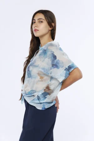 CAMICIA ampia e fresca astampa fiori con elegante colletto alla coreana e manica corta
