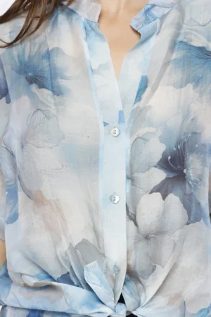 CAMICIA ampia e fresca astampa fiori con elegante colletto alla coreana e manica corta
