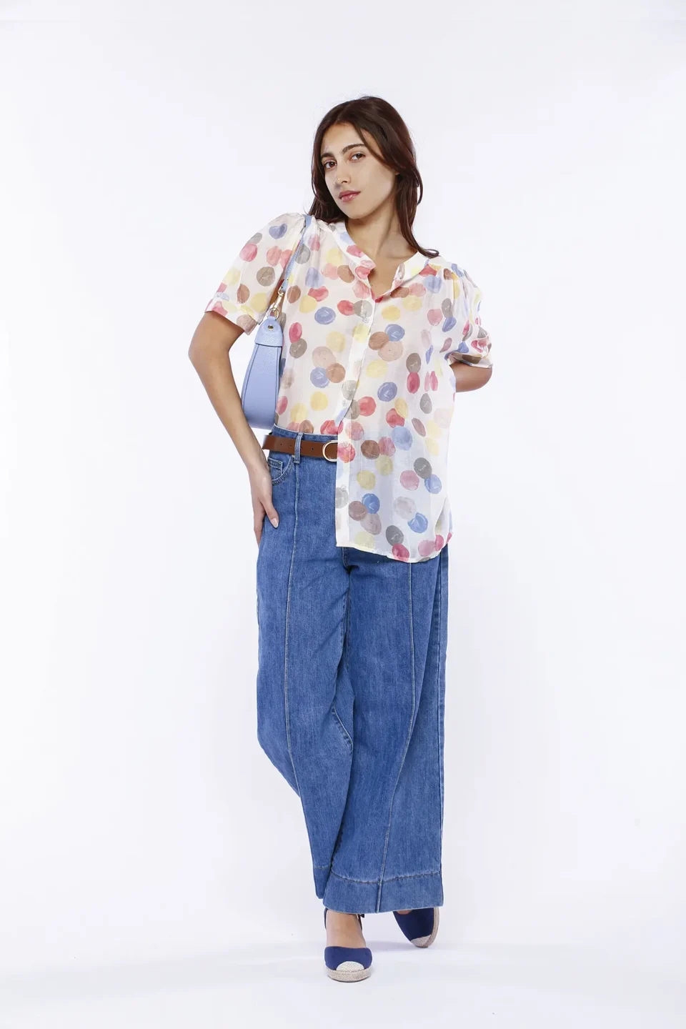 CAMICIA corta e casual a pois pastello di tendenza con colletto alla coreana e manica corta ONEWORLD HYBRID