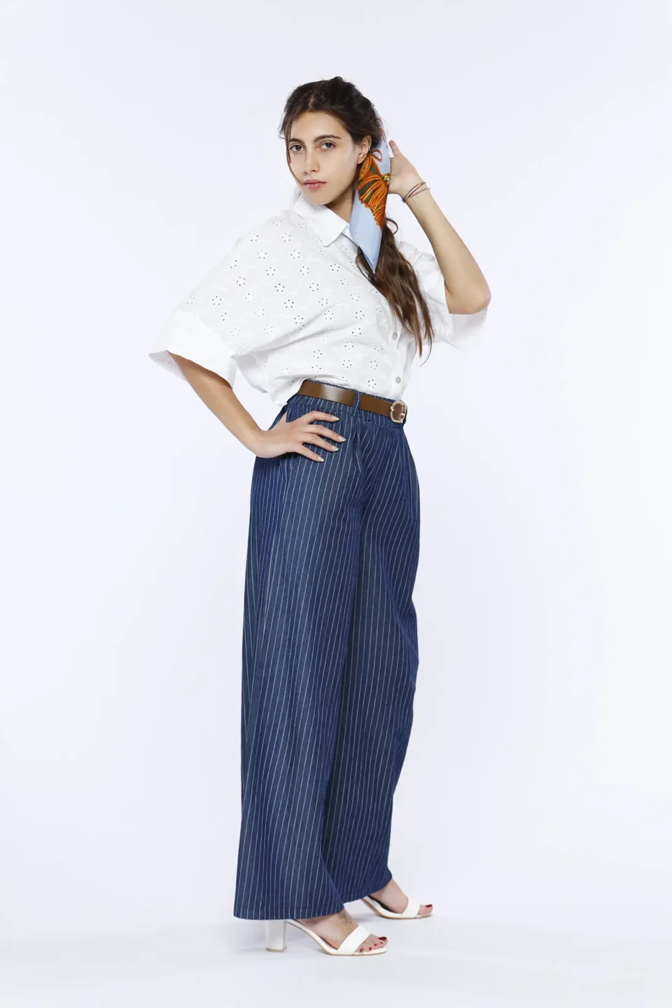 PANTALONE pull-on rigato wide leg in fresco chambray di cotone con passanti alla cintura ONEWORLD HYBRID