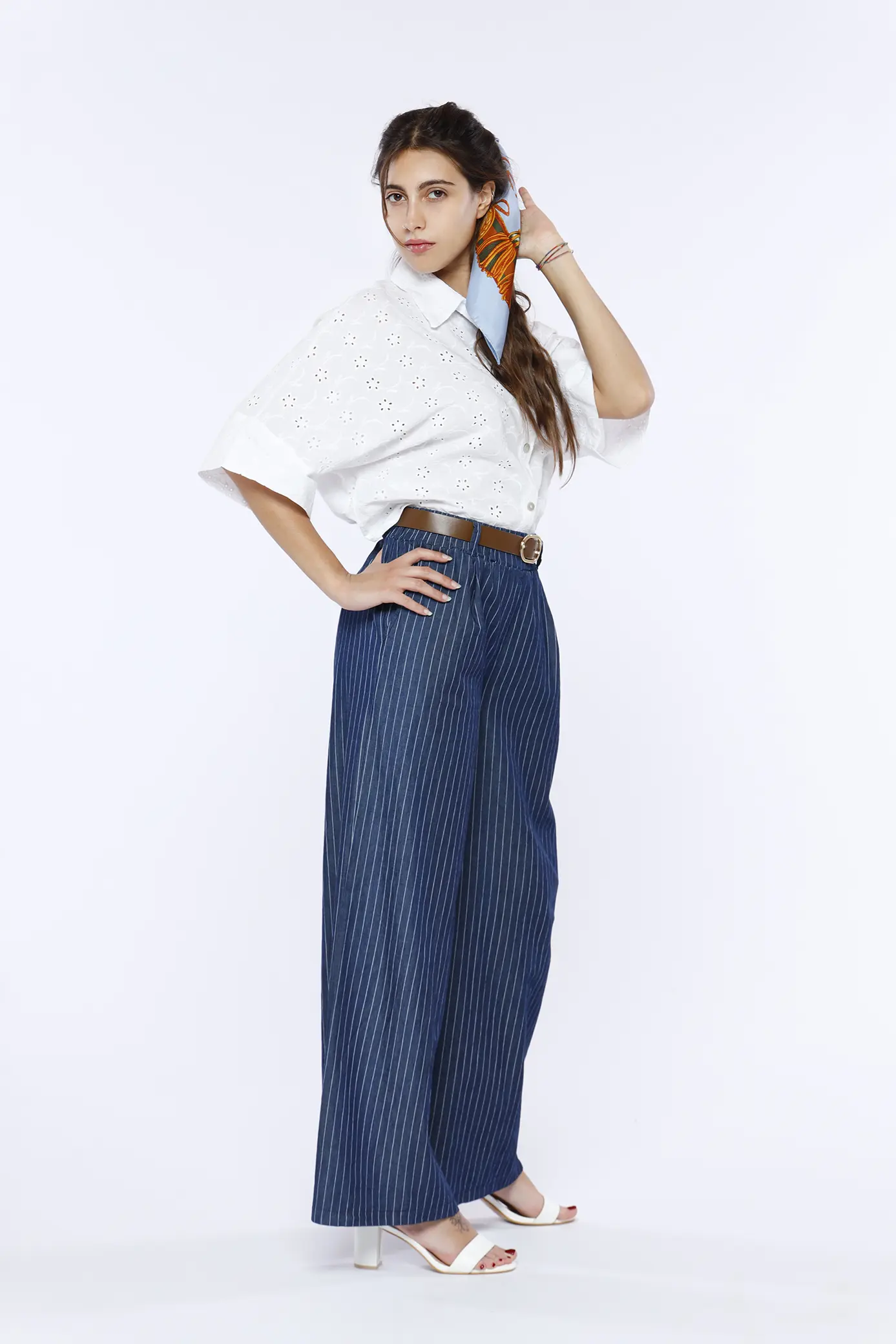 PANTALONE pull-on rigato wide leg in fresco chambray di cotone con passanti alla cintura ONEWORLD HYBRID