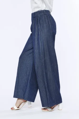 PANTALONE pull-on rigato wide leg in fresco chambray di cotone con passanti alla cintura