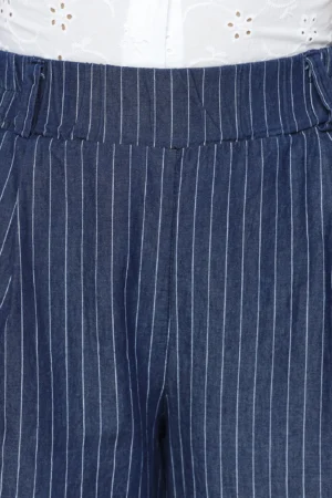 PANTALONE pull-on rigato wide leg in fresco chambray di cotone con passanti alla cintura
