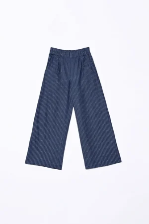 PANTALONE pull-on rigato wide leg in fresco chambray di cotone con passanti alla cintura
