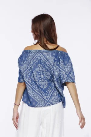 BLUSA fresca a stampa paisley con manica corta e grazioso collo arricciato