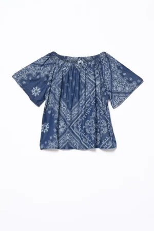 BLUSA fresca a stampa paisley con manica corta e grazioso collo arricciato