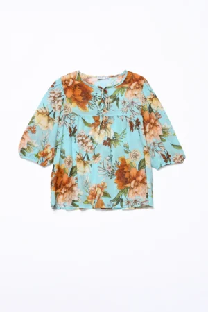 BLUSA fresca a fantasia di fiori con manica corta e grazioso scollo a giro chiuso da nastrino